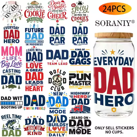 24PCS/Set Dad Fathers Day Typography Themed UV DTF DIY 16OZ Transfer Stickers Water Bottles Glass