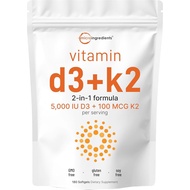 Micro Ingredients Vitamin D3 5,000 IU + K2 MK-7 100 mcg, 180 Softgels | 2-in-1 Formula | Easy to Swa