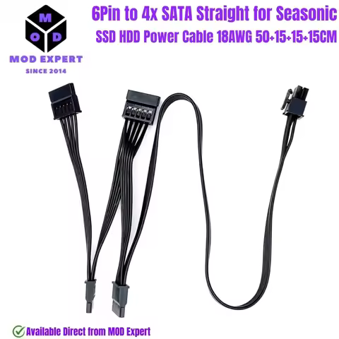 6Pin to 4x SATA Straight HDD SSD Power Cable for Seasonic FOCUS All Series 550W, 650W, 750W, 850W, 1