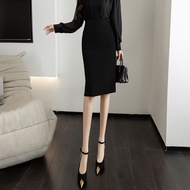 Yimei Angola mùa xuân và mùa hè đỏ chân váy dài chữ A co giãn váy xẻ váy ôm hông OL váy thanh lịch c