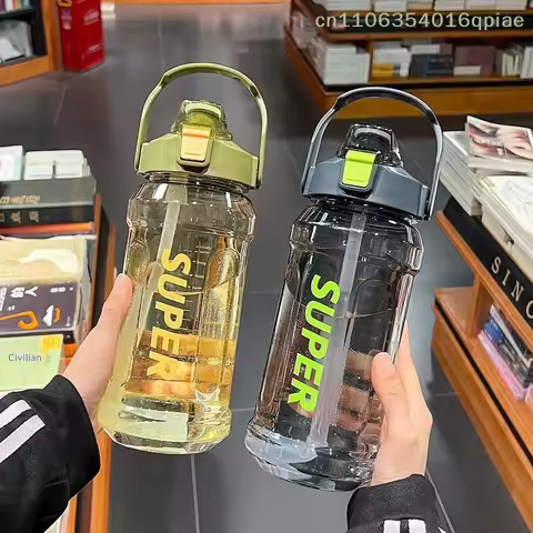 Large-capacity Sports Water Bottle 2 Liters Trendy INS Style Straw Cup With Scale Portable Leak Proo