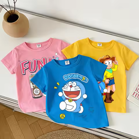 Doraemon Short Sleeves Children Cartoon Anime T-shirt Kawaii Cotton Tops Boy Girl Summer Fashion Tee