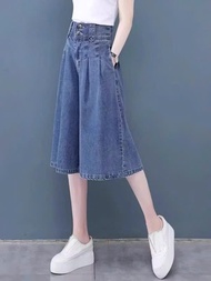 Quần váy lửng nữ bò giấy cạp cao chun sau 2 cúc [M54]