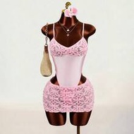 Women's 2 Pieces Set,Pink Floral,Summer,70's,Party Disco,Vacation,Spaghetti Strap Bodycon Skirt Outf
