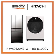 Hitachi R-WXC620KS-X Multi Door Refrigerator (500l)+Hitachi BD-D100GV Front Load Washer Dryer Wind Iron, AI Wash Inverte