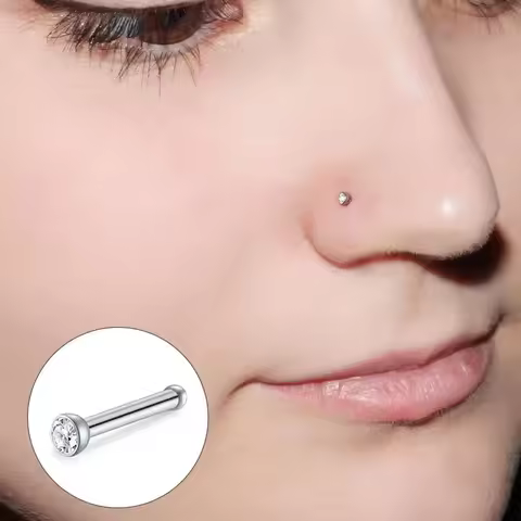 316 Stainless Steel Zircon Studded 0.88mm L-shaped Straight Rod Spherical Nose Stud Pierced Unisex J