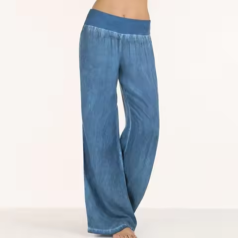 Women's Casual Cotton Pull-on Pant with Elastic Waist High Waist Denim Wide Leg Palazzo Pants Jeans 