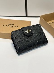 COACH蔻馳壓紋短款錢包折疊錢夾黑色