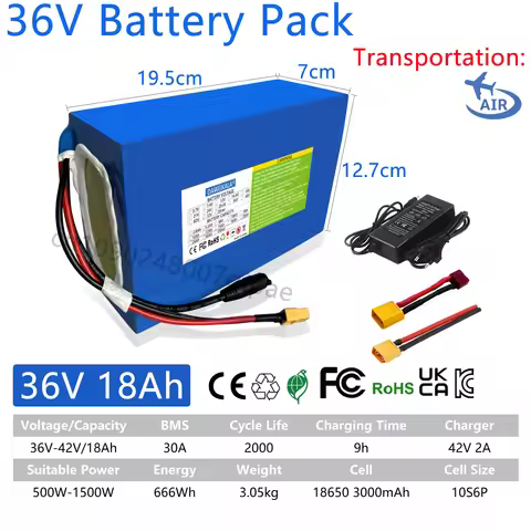 36V 18AH 15AH 12AH 9AH Rechargeable Lithium Battery Pack 100-1300W Electric Motorcycle Scooter Bicyc