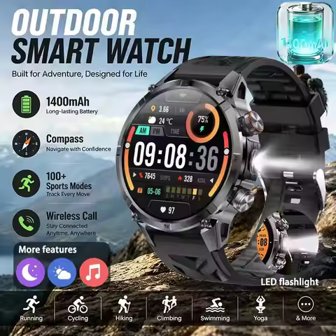 2026 new men's military outdoor smartwatch, wireless calling, compass, voice assistant, heart rate m