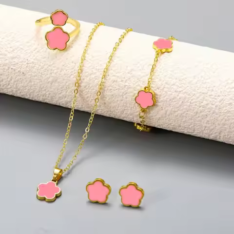 Lucky Five-petal Flower Five-leaf Clover Rings Bracelet Earrings Necklace 4Pcs Set for Woman Stylish