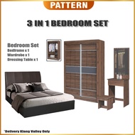 [Klang Valley Only] PATTERN 3 in 1 Bedroom Set Sliding Door Wardrobe Queen Bedframe Dressing Table