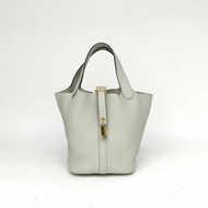 HERMES Picotin18菜籃子0W水晶灰TC皮B刻金扣肩背包