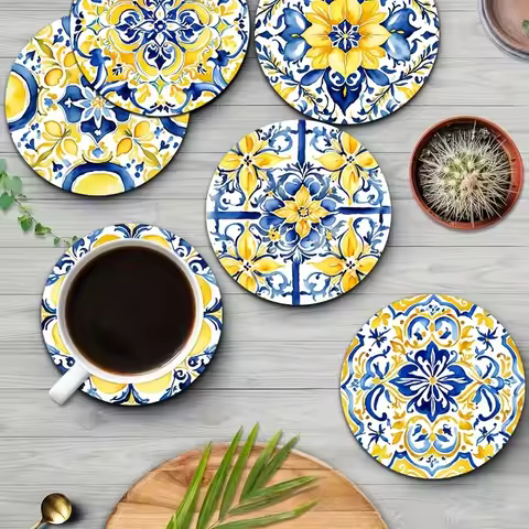 2D Mediterranean Watercolor Lemon 8PCS Wooden Coaster Set Car Cup Mat Tea Cup Mat Coffee Beverage Di