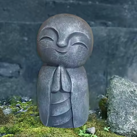 Japanese Buddha Happy Jizo Monk With Hands Clasped In Prayer Mini Statue Put on Desk Shelf Home Deco