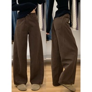 [Lu77 Studio] Coffee Color Denim Trousers Korean Version Jeans Straight-Leg Pants Stretch Slimmer Lo