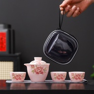 Pink Peony Flower Travel Tea Set One Pot Three Cups Portable Outdoor Portable Bag Camping Simple Qui