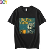 Yawning Chubby Face Gray British Short Hair Cat Cup Of Coffee With Yellow Text But First Round Neck Cartoon Soft