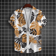 Songkran Hawaii Shirt Hundred New Mens Lapel Shirt Casual Youth Short Sleeve Tops Men's 3d Leaf Prin