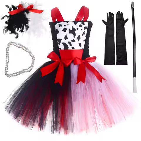 Evil Cruella Cosplay Costumes for Girls Wicked Witch Queen Halloween Dresses for Kids Dalmatian Dog 