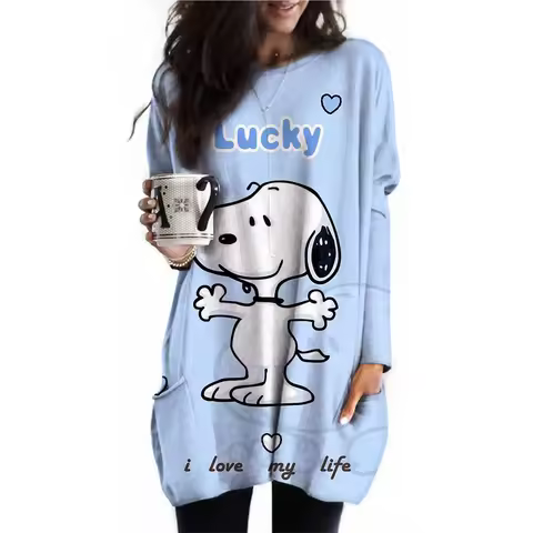 2024 Spring New Long Sleeve T-shirt Snoopy Printed Women's Basic T-shirt Oversized Pocket T-shirt Ca
