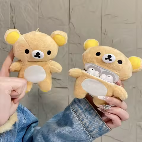 Cute 3D Cartoon Rilakkuma Plush Case for Airpods 1/2/3/4/Pro/Pro2/Pro3, Soft Bear Cover with Keychai