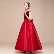 Gd3810- พร้อมส่งจากไทย ชุดออกงานเด็กหญิงสีแดง ชุดราตรีเด็กทรงยาว ตัวเสื้อกำมะหยี่สวยหรูหราเรียบหรู