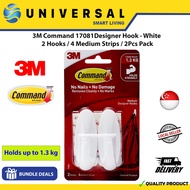 [SG SHOP SELLER] 3M Command 17081Designer Hook - White / 2 Hooks / 4 Medium Strips / 2Pcs Pack