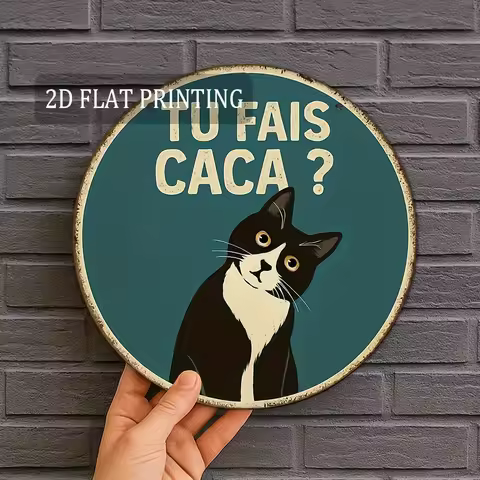 Funny Black Cat Tu Fais Caca Retro Metal Tin Sign, Cute French Quote Circular Wall Decor Plaque, Hum