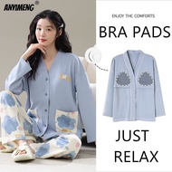 Women Pajamas Set Spring Bra Pads Kimono V-neck New Fashion Woman Sleepwear Casual Long Sleeves Pija