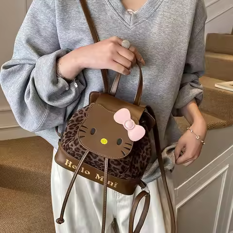 Sanrio Hello Kitty Leopard Print Mini Backpack Cartoon Vintage Drawstring Bucket Bag Cute Kawaii Sma
