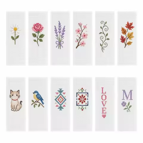 12 Pcs Cross Stitch Bookmark 7.48"x2.76" DIY Embroidery Bookmark Soft Cotton Fabric Bookmarks Blanks