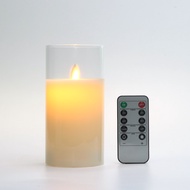 Glass Flameless Candles Real Wax Pillars &amp; Moving Flame Wick LED Candles and Remote Timer, Ivory, Battery Operated - 3 inches