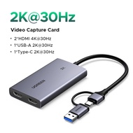 UGREEN 4K Video Capture Card Type C Collector 2 HDMI to USB + USB C for Monitor Laptop/SLR Camera Li