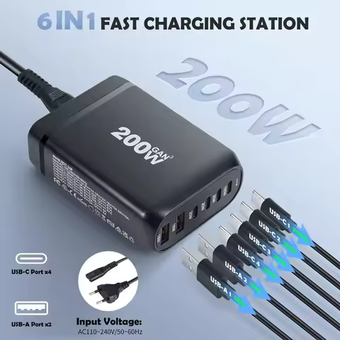 200W GaN USB C Charger Station for Cellphones 6 Ports high power Multi-Port Fast Charging for iphone