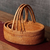 HY/🔥Vietnam Rattan Basket Outdoor Picnic Basket Hand-Woven Basket Fruit and Vegetable Storage Basket Tea Set Sundries St