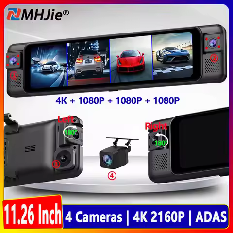 4CH 11.26 Inch 4K+1K+1K+1K Rearview Mirror 360° Dash Cam ADAS BSD WiFi Night Vision 24H Parking Moni