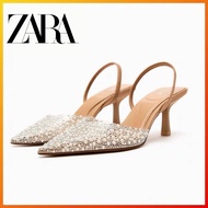 ZARA Autumn New Line Women's Shoes Brown Artificial Pearl Decorated Open Heel High Heels 281511 098