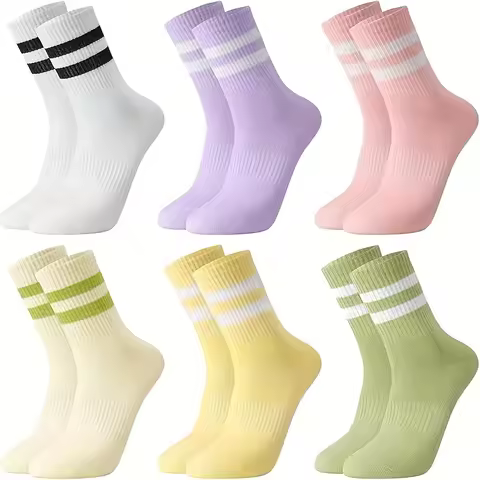 6 Pairs Socks Women Tennis Socks Colorful Sports Socks Retro Cotton Socks with Stripes Motif Running