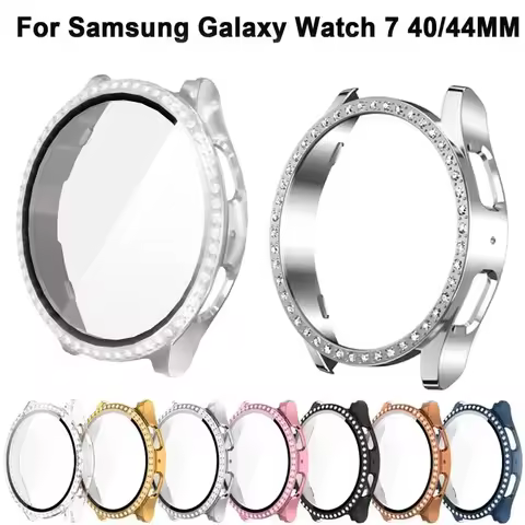Glass+Diamond Case for Samsung Galaxy Watch 7 40 44mm Accessories Bling PC Bumper+Screen Protector f