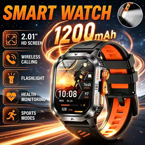 2026 1200mAh military outdoor smartwatch 2.01 inches LED flashlight IP68 waterproof Heart rate sleep