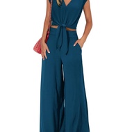 2024 Women's Summer 2-Piece Set with V-neck Top and Wide-Leg Pants