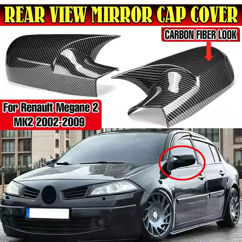 For Renault Megane 2 MK2 02-09 Pair Glossy Black/CarbonLook Car Side Wing Rearview Mirror Cover Caps