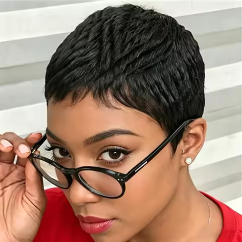 Short Pixie Cut Human Hair Wigs Natural Black Hair Wig Human Hair Machine Made Wig