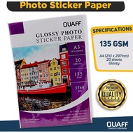 (20 sheets) QUAFF A3 Size 135gsm Glossy Photo Sticker Paper for Inkjet Printer