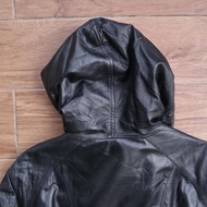 Hoodie jaket kulit asli domba hudi topi hodie slim cewek cowok double zipper genuine leather jacket 