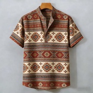 Boho Aztec Diamond Print Short Sleeve Shirt - Stand Collar Henley Casual Wear for Holiday