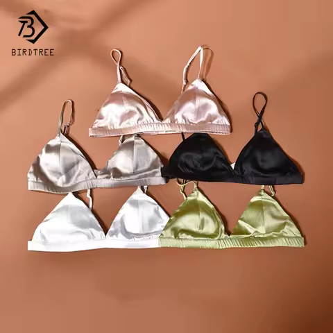Birdtree 93% Silk 7% Spandex Bra,Women Wireless Triangle Cup Bralette Linerie Underwear,Healthy 2025