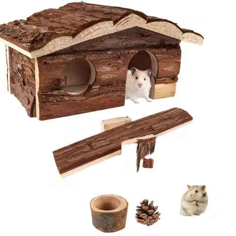Wooden Hamster House Log Cabin Bark Roofed Log Cabin Guinea Pig Cabin Hut Lodge Hovel for Toys House