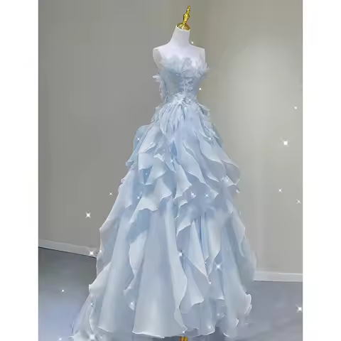 Blue Zipper Evening Dress 2025 Spring and Summer New Immortal Skincare Trend Banquet Art Exam Host G